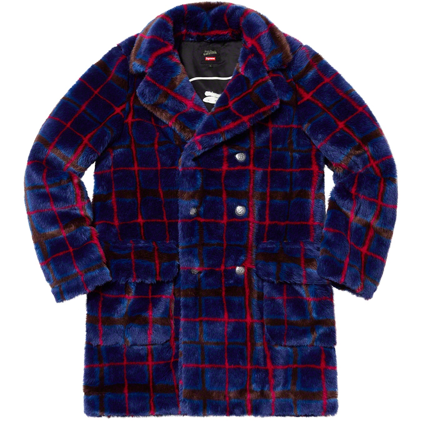 Supreme®/Jean Paul Gaultier® Double Breasted Plaid Faux Fur Coat view 4